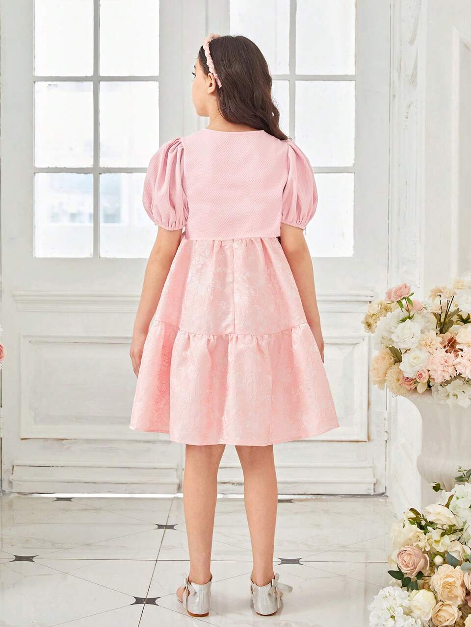 Tween Girl Vintage Short Cardigan & Dress Set With Round Neck And Puff Sleeves