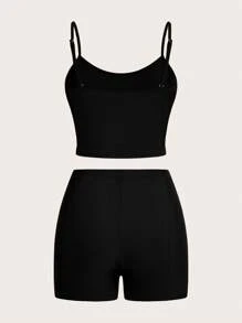 Slaydiva 2pcs Women's All-Match Casual Tank Top With Rib Pattern In Bright Pink, And Tight-Fitting Shorts - Black - View 2