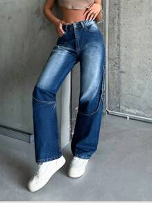 RueChic Rigid, Sewing Detailed Straight Fit - Medium Wash - View 6