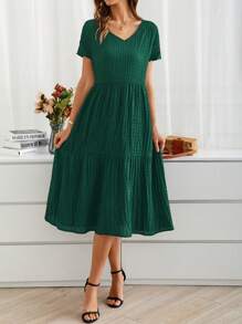 EMERY ROSE Summer Countryside Vacation V-Neck Short Sleeve Women's Dress - Dark Green - View 4