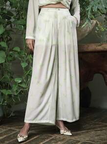 SHEIN LUNE Fall Light Green Paris Postmark Print Natural Shell Buttons Casual Simple Ultra Loose Women's Semi-Transparent Chiffon Wide-Leg Pants - Multicolor - View 1