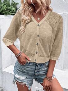 SHEIN LUNE Solid Button Front Casual Cardigan For Summer - Khaki - View 3