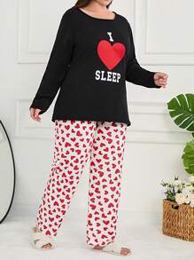 RueChic Cotton 2Pcs Plus Size Heart Print Long Sleeve Shirt And Long Bottom PJ Set - Black - View 6