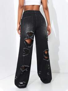 SHEIN EZwear 女士寬鬆修身直筒牛仔褲，破洞設計並帶有口袋 - 黑色 - 查看 2