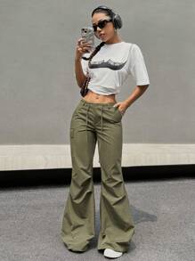 SHEIN EZwear 女士低腰蝴蝶結束帶運動員貨物褲 - 軍綠色 - 查看 7