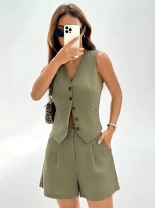 SHEIN EZwear Women's Solid Color Simple Daily Vest Suit - Green - View 4