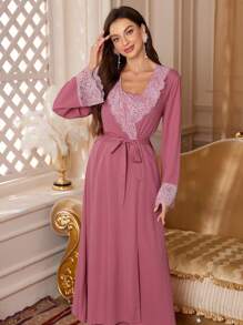 PalaceNights Vintage Embroidered 2pcs Women's Pajama Set, Fall Winter Clothes - Pink - View 7