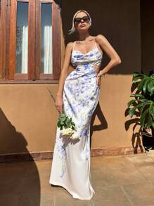 SHEIN VCAY Fall Floral Print Women's Spaghetti Strap Cut-Out Backless Bodycon Dress For Wedding Or Vacation