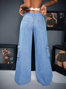 SHEIN ICON Ladies' Workwear Inspired Wide Leg Jeans With Star Applique And Patch Pockets