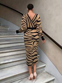 EURMUSE Zebra Pattern Batwing Sleeve Belted Midi Sweater Dress - Multicolor - View 2