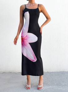 RueChic Black Mesh Printed Long Dress - Black - View 10