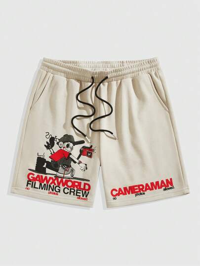 GAWX Artist Men's Cartoon Character & Letter Printed Drawstring Waist Shorts, Casual, Spring/Summer, Holiday, Vacation, Festival, Ibiza Fits