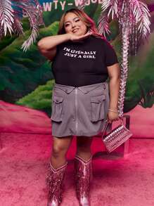 TRNVIE Plus Size Women Cropped Slogan Slim Fit T-Shirt, I'M LITERALLY JUST A GIRL, Summer - Black - View 3