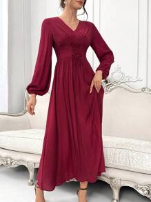 Modelyn 繫帶前鬆緊袖V領派對裙