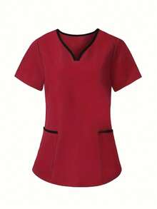 Conjunto de uniforme de enfermería de cuadros de color con blusa de manga corta y pantalones - Burdeos - Ver 4