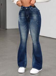 SHEIN ICON Women's Flared Casual Jeans With Pockets - Medium Wash - View 4