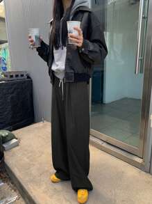 DAZY 女式拼色腰带条纹宽松裤，商务休闲秋季