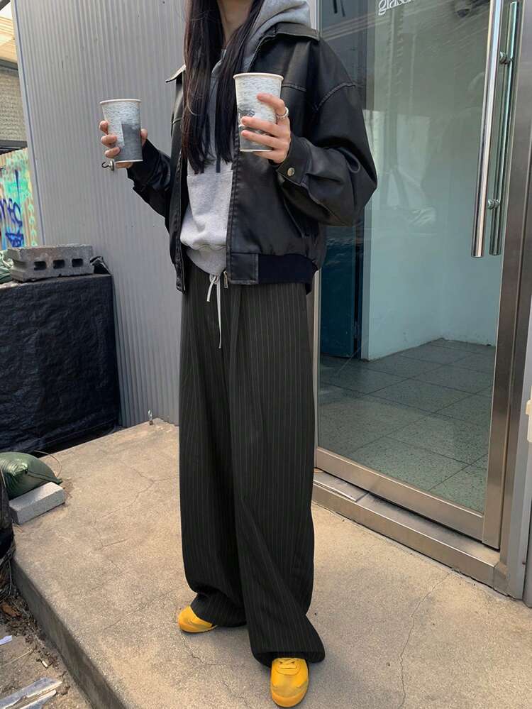 Women's Colorblock Waistband Tie Striped Loose Pants, Business Casual Fall