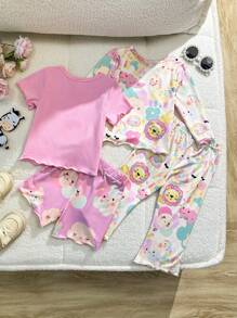 Conjunto de ropa casual elegante y fresco para bebé niña de 4 piezas con estampado de león divertido en color rosa para primavera/verano, incluye camiseta de manga larga y pantalón largo - Multicolor - Ver 2