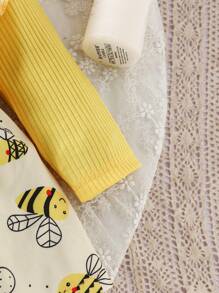 女婴休闲蜜蜂印花拼接连体衣，荷叶边下摆，春夏款 - 黃色 - 查看 6