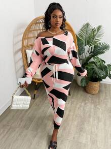 Slaydiva 大码休闲基本款-弹性针织多色印花露肩大码服装 - 彩色 - 查看 3