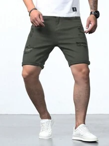 Manfinity Homme Bermudas de mezclilla rasgadas y deshilachadas para hombre para el verano - Verde militar - Ver 6