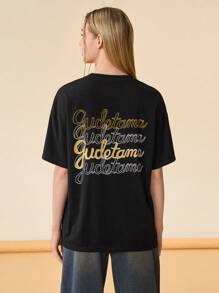 Gudetama X SHEIN 女士夏季卡通和字母圖案短袖T恤 - 黑色 - 查看 3