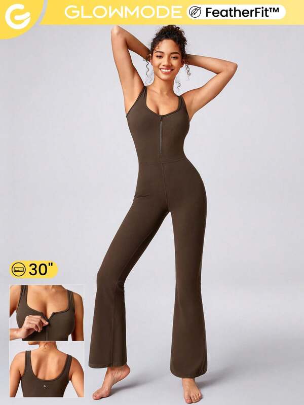 GLOWMODE 30" FeatherFit™ Back To It Square Neckline Zipper Flared Jumpsuit Low Impact Daily Summer