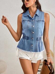 SHEIN LUNE Raw Trimmed Button Front Denim Vest Top - Light Wash - View 3