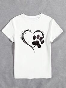 INAWLY Casual kortärmad t-shirt för kvinnor med tryck på hundtassar och hjärta, topp med rund hals, grafiska t-shirts Damöverdelar - Vitt - Visa 4