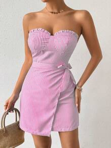 Chiquease Strapless Striped Lace Bodice Bodycon Mini Dress With Belt - Pink - View 4