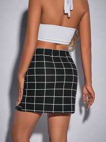 SHEIN Essnce Summer Grid M-Slit Mini Bodycon Skirt - Black - View 2