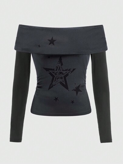 Fairycore Women's Star Print Off Shoulder Long Sleeve T-shirt