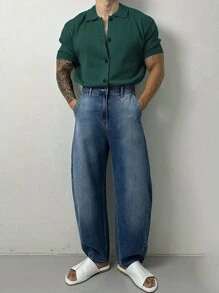 Men's Casual Solid Color Short Sleeve Button-Up Shirt, Fashion And Versatile For Daily Wear, Spring - Dark Green - View 5