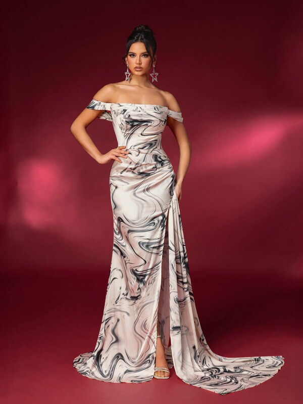 Glamrae Elegant Black And White Zebra Print Off Shoulder Ruched Bodice High-Waisted Mermaid Dress With Side Slit And Sheer Panel, Perfect For Dating, Single Parties, Weddings, Events, And Formal Dinners