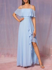 SHEIN Belle Elegante vestido de dama de honor con hombros descubiertos, mangas abullonadas, volantes asimétricos a un lado y abertura alta hasta el muslo, de tela de gasa azul para eventos formales como bodas - Azul - Ver 8