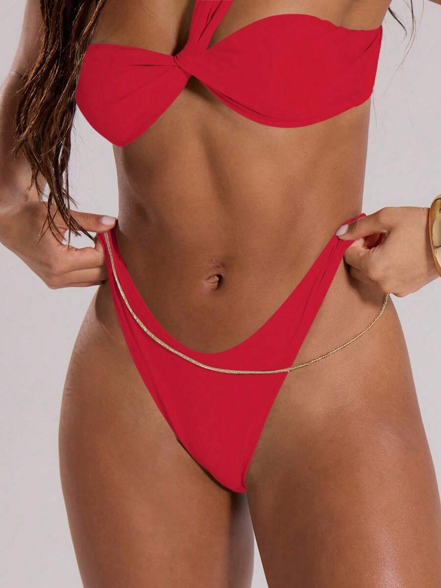 Musera Resort Women's Fashion Solid Color V-Waisted Bikini Knickers Bottoms Summer Beach Vacation Renaissance - Red - View 1