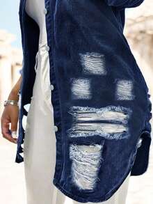 Women's Casual Mid-Length Distressed Washed Denim Jacket, Autumn - Blue - View 4
