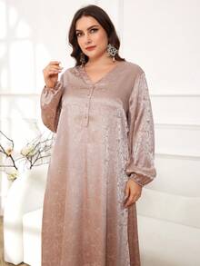 Al Najma Vestido largo de manga larga de unicolor simple para uso diario de talla grande para señoras árabes - Caqui - Ver 6