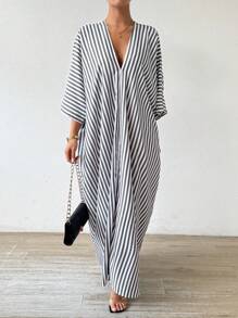 Chiquease Casual Striped Batwing Sleeve Dress For Spring And Summer - Black and White - View 3
