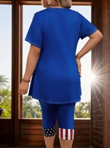 SHEIN LUNE Conjunto de camiseta de manga corta y pantalones cortos con estampado de bandera en talla grande
