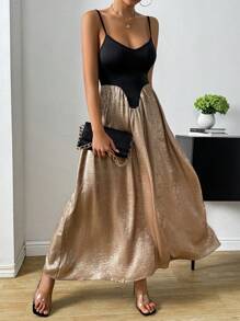 Chiquease Summer Fashion Color Block Metal Material Backless Cami Dress - Black and Gold - View 3