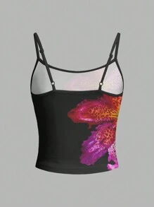 SHEIN EZwear Top de camisola ajustado negro con impresión de flores moradas para mujeres, ideal para vacaciones de verano - Blanco - Ver 3