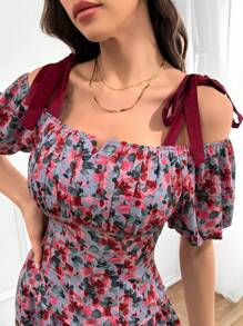 Seusyu Ensemble haut et jupe pour femmes à lien d'épaule imprimé de fleurs et noué, à plis