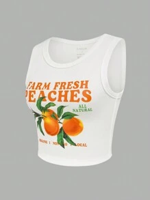 INAWLY Summer Casual Orange/Letter Printed Tank Top FARM FRESH PEACHES ORGANIC I NON 10 LOCAL - White - View 4