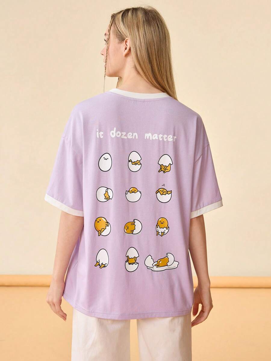 Gudetama X SHEIN 女士夏季卡通和字母印花對比邊飾短袖T恤