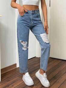 EURMUSE 100% Cotton HIGH WAIST MOM CUT RIPPED  JEAN - Light Wash - View 3