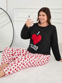 RueChic Cotton 2Pcs Plus Size Heart Print Long Sleeve Shirt And Long Bottom PJ Set - Black - View 4