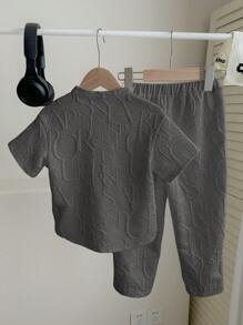 2入組男孩休閒大學拼接V領短袖套頭T恤和直筒針織長褲套裝 - 灰色 - 查看 2