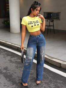 SHEIN SXY Vaqueros de mujer versátiles, sueltos y rectos con bolsillos de carga